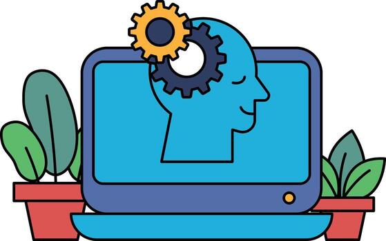 un computadora monitor con un del hombre cabeza y un engranaje en eso vector