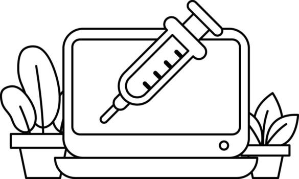 A black and white drawing of a computer monitor with a syringe on it vector