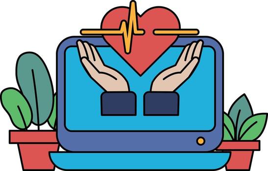 un computadora monitor con dos manos participación un corazón vector