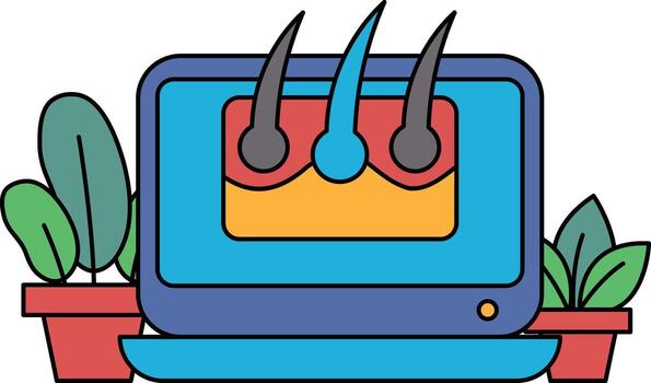 A computer monitor with a drawing of a person's head with hair on it vector