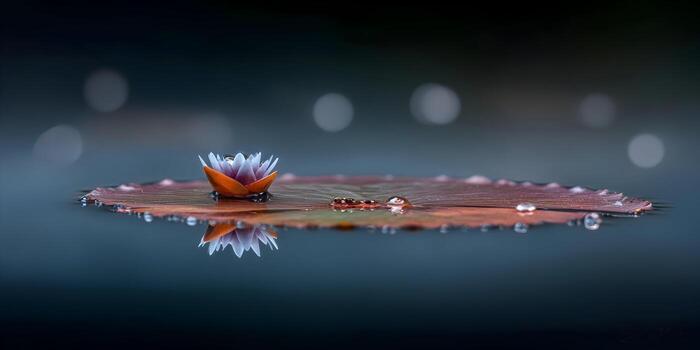 A delicate white water lily rests on a textured red lily pad covered in dew drops floating on calm dark water with soft bokeh lights photo