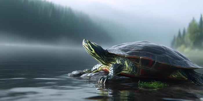 A vibrant freshwater turtle basks on a log in a serene misty lake with a blurred forest in the background photo