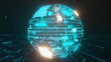 Digital sphere with binary code floating above a grid in a dark futuristic environment video