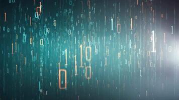 Digital rain of binary code ones and zeros falling down on a gradient blue background with bright light video