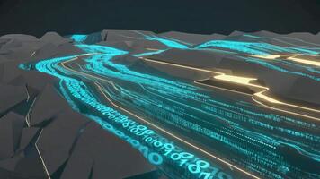 digital panorama com binário código rio fluindo através baixo poli montanhas e brilhando linhas video