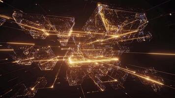 upplyst geometrisk former ansluten förbi lysande rader i en mörk abstrakt bakgrund video