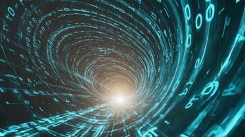 A swirling tunnel of binary code with a bright light at the end of the tunnel abstract design video