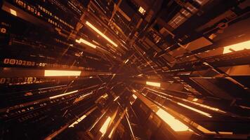 abstrakt Digital Tunnel mit glühend Orange Beleuchtung und binär Code Perspektive Aussicht Design Konzept video