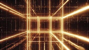 A digital landscape with glowing lines and binary code forming abstract cube structures in dark space video