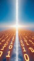 A digital pathway with binary code leading to a bright light against a clear blue sky backdrop view video