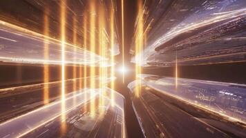 abstrakt Perspektive Aussicht von beleuchtet futuristisch Tunnel mit Licht beim das Ende video