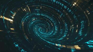 een digitaal draaikolk van binair code wervelende in een tunnel met gloeiend blauw en wit gegevens streams video