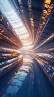 futurista túnel com brilhando luzes refletindo dentro água criando uma hipnotizante digital panorama video
