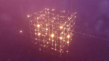 lysande kub strukturera tillverkad av rader och poäng suspenderad i en rosa och lila lutning Plats video