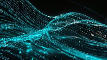 Digital stream of binary code flowing in waves on a dark background with glowing blue light effects video