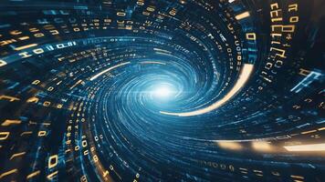 abstract digitaal draaikolk met binair code en helder licht Bij de centrum van de spiraal tunnel video