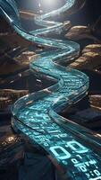 A digital river flows through a city landscape with binary code and glowing lights in a futuristic scene video