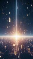 Digital landscape with binary code floating over a futuristic city with bright light source at horizon video