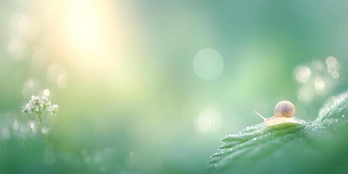 A tiny snail with a light shell slowly crawls across a dew covered green leaf against a soft sunlit bokeh background photo