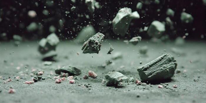 Rough green fragments are falling and bouncing on a textured surface with small red particles and dust photo