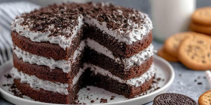 A mouthwatering three layer chocolate cake with white frosting and cookie crumbles has a slice missing photo