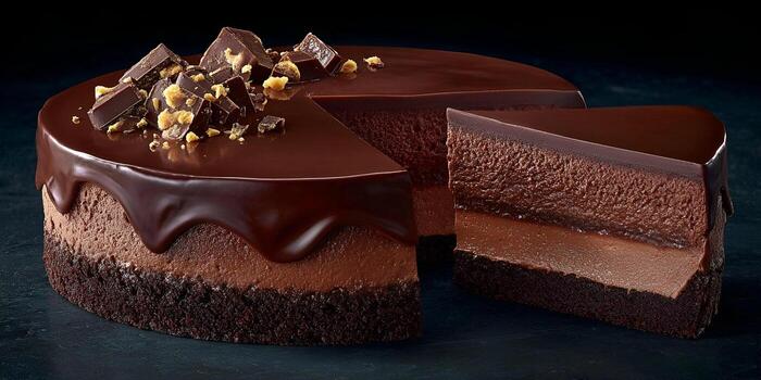 Indulgent multi layer chocolate cake covered in glossy ganache with a slice missing and topped with chocolate chunks photo