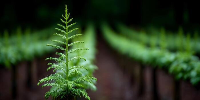 A young green conifer tree stands in a tree nursery with blurred rows of trees in the background photo