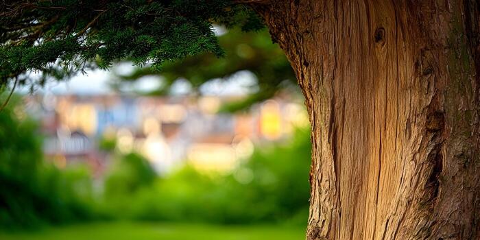 A close up of a tree trunk and green needles with a blurred colorful cityscape in the background photo