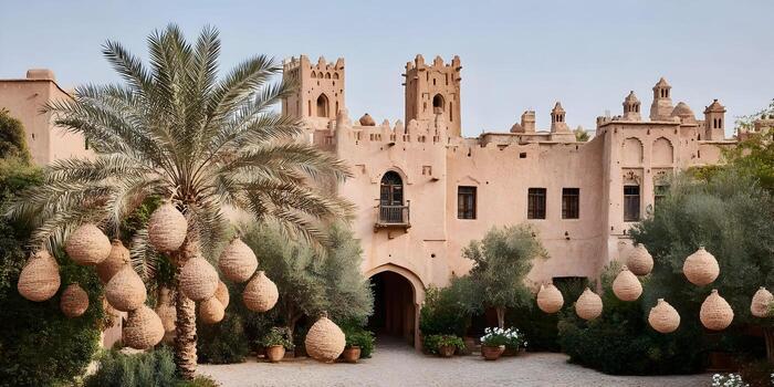 A traditional Moroccan fortress with distinctive architecture and a palm tree adorned with decorative wicker baskets in a quiet courtyard photo