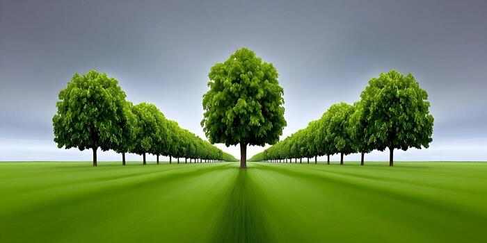 A vibrant green tree stands at the focal point of an orderly landscape with converging rows of trees and a motion blurred green field photo