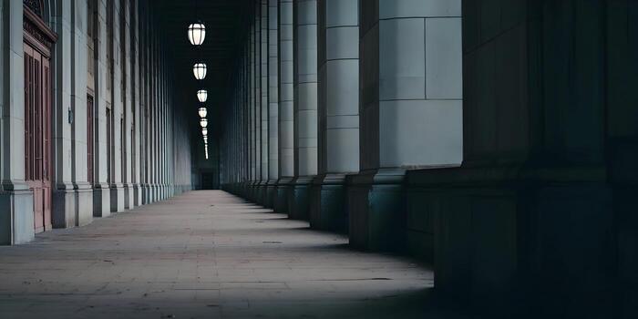 A long dark architectural hallway with a repeating pattern of columns and illuminated hanging lamps extending into the distance photo