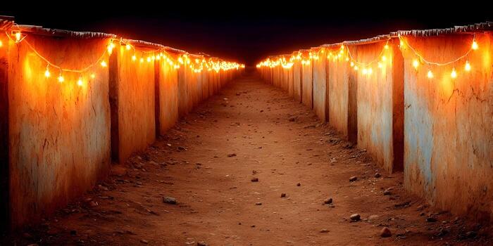 A long pathway lined with illuminated string lights on rustic walls at night photo