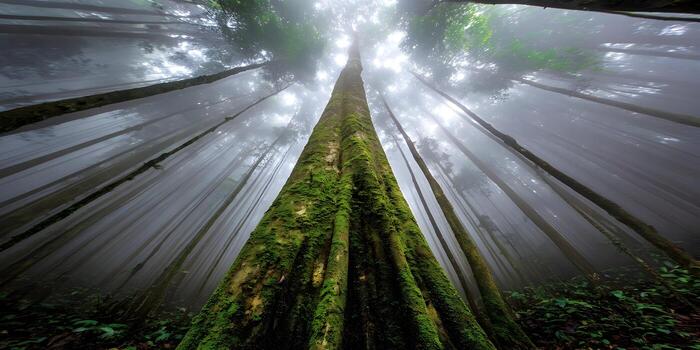A majestic moss covered tree trunk rises through a dense misty forest reaching towards the bright sky photo