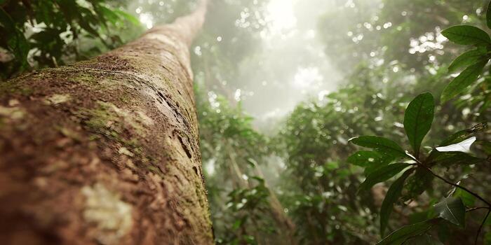 A low angle view captures a moss covered tree trunk rising into a misty lush green rainforest canopy photo