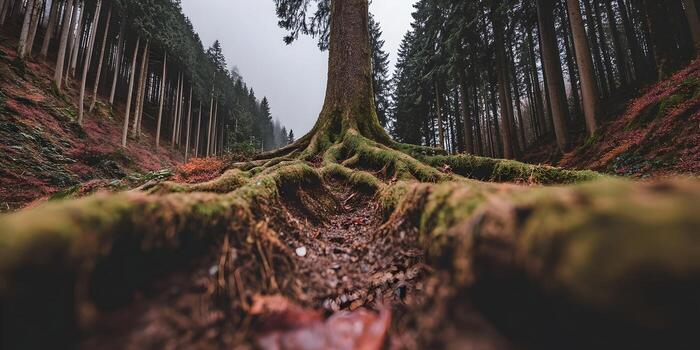 A close up view of a massive moss covered tree trunk with exposed roots in a dense forest with a moody sky photo