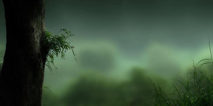 A dark tree trunk with vibrant green foliage stands against a misty forest background with tall grass photo