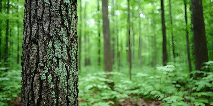 A detailed close up of a tree trunk with textured bark and green lichen in a vibrant lush forest with a blurred background photo