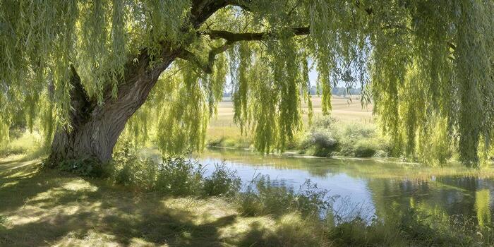 A large weeping willow tree with lush green foliage hangs over a serene riverbank on a clear sunny day photo