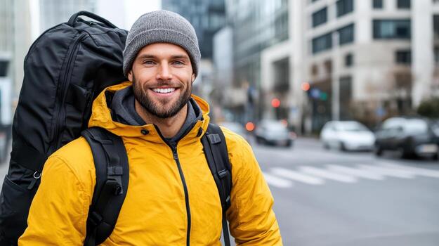 A man in a yellow jacket and hat is smiling while carrying a backpack photo
