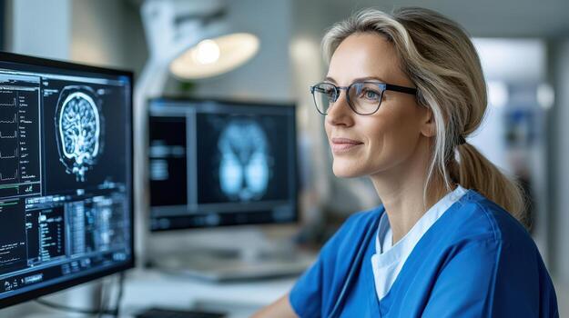 A woman in scrubs is looking at a computer screen photo