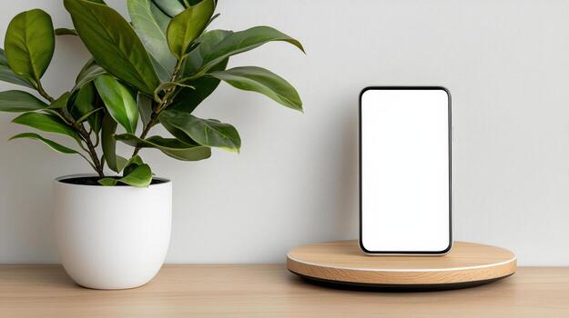 Smartphone mock up on wooden stand with potted plant on table 3d render photo