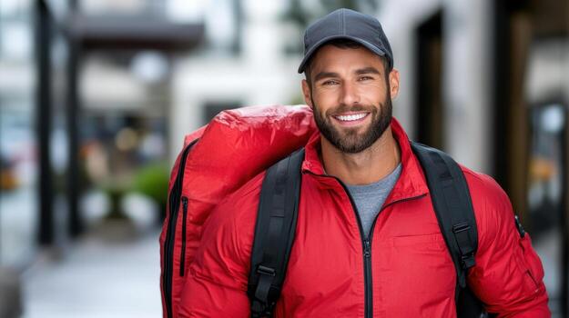 A man in a red jacket and hat is smiling photo