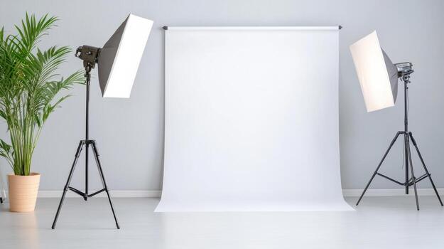 Photo studio with white backdrop and two light stands