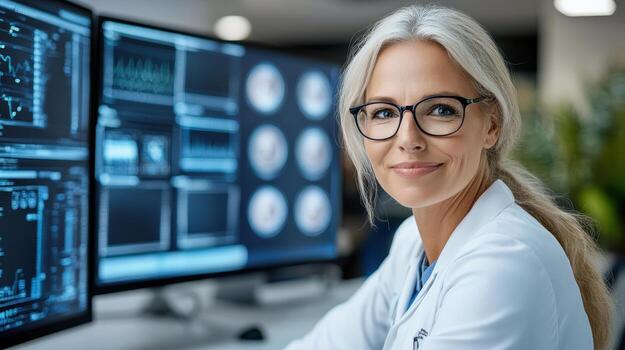 A woman in a lab coat is sitting in front of two monitors photo