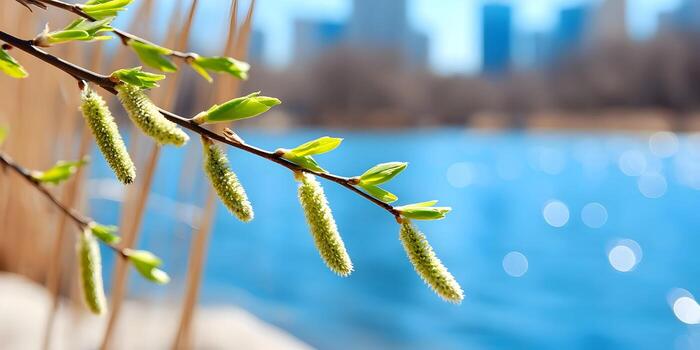 A close up of green catkins and new leaves on a tree branch with a blurred blue lake and city skyline in the background photo