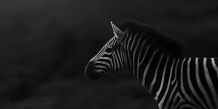 A striking black and white profile of a zebra displaying its unique stripes against a dark background photo