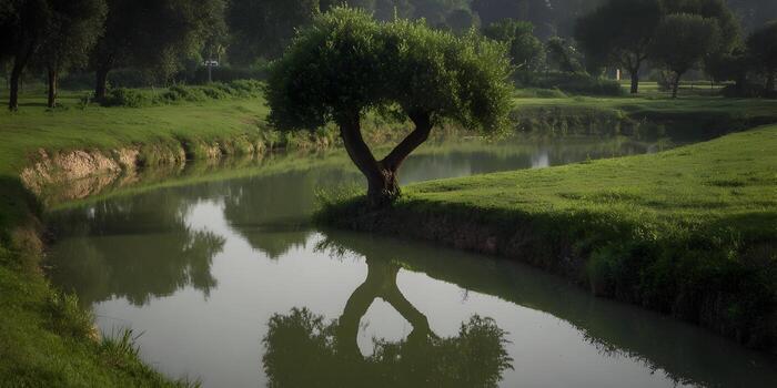 A lush green tree with a distinctive split trunk stands by a calm waters edge reflecting its shape on a bright day photo