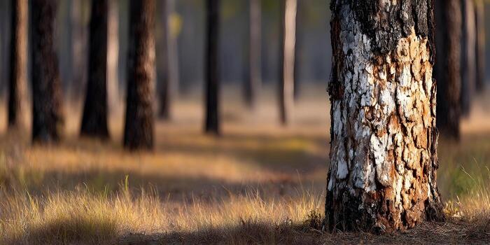 A prominent tree trunk with rough bark stands out in a sunlit forest with a soft warm lighting and blurred background photo