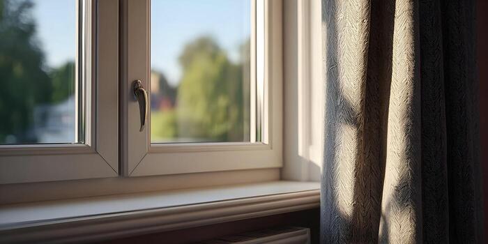 A window with a white frame and handle next to a herringbone patterned curtain with sunlight creating shadows photo