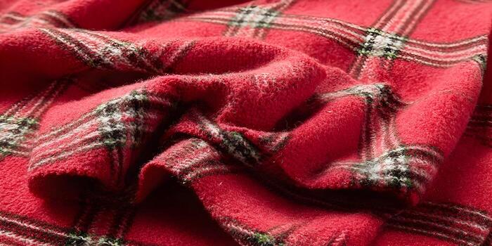 A close up view of a red plaid fabric showing its warm texture and pattern with folds and shadows photo